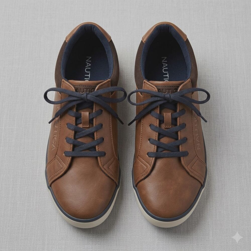 Nautica Boys Shoes Size 2 Brown Faux Leather Fashion Sneakers Casual Dress